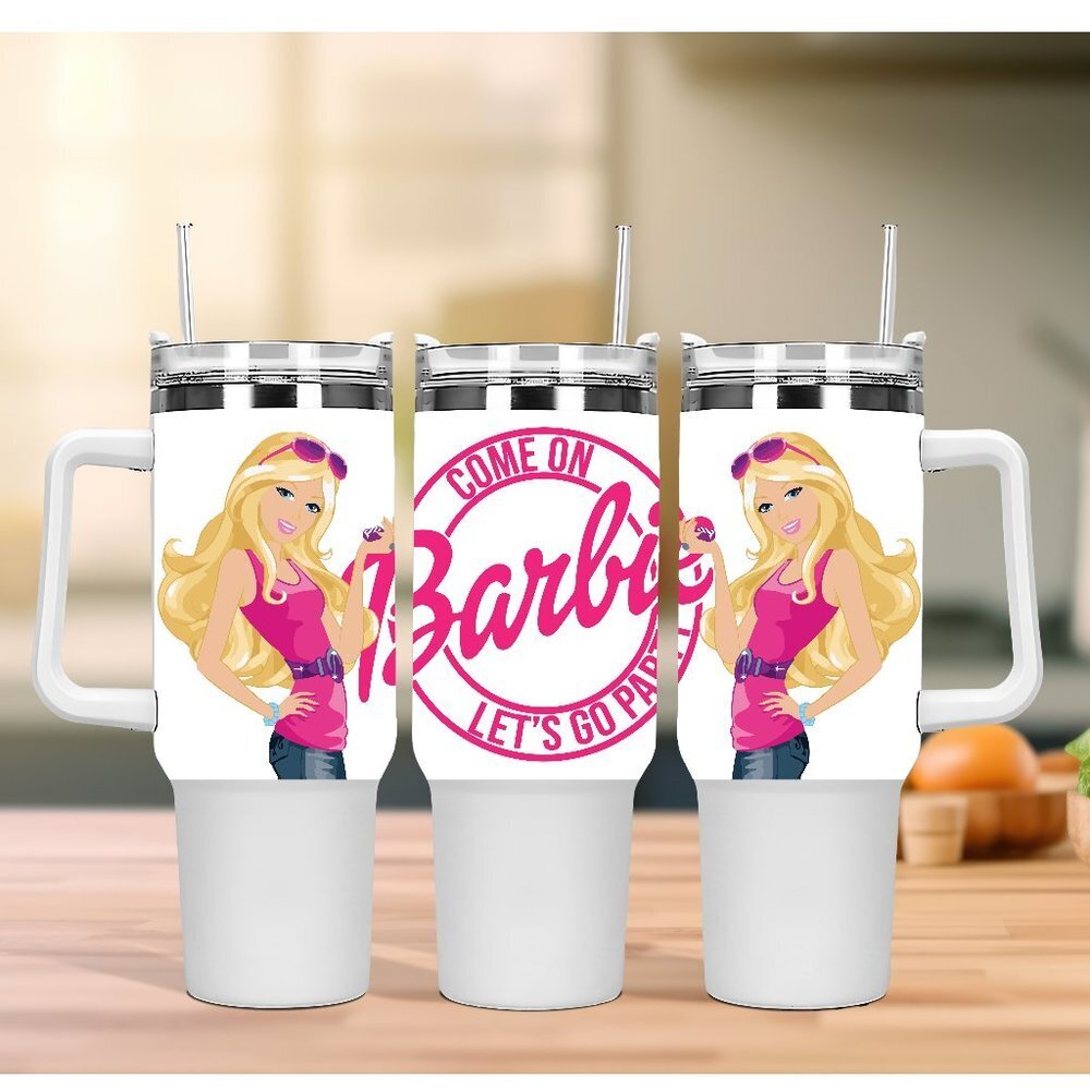 Custom 40 oz Tumbler Inspired Pink Barbie Let's go Party THE QUENCHER H2 tumbler